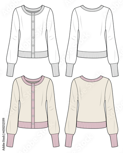 Ladies cardigan front and back view technical flat drawing vector template