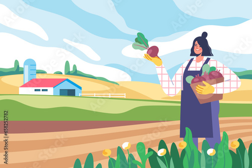 Agriculture, harvesting. Farmer woman holding basket of fresh beetroot vegetables on the farmland landscape background. Work and harvest. Vector illustration for mobile and web graphics.