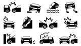 Car crash icons. Set of different car accident icons. Simple crashed signs. Black car crash icons