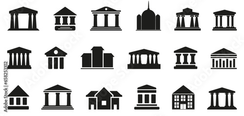 Bank icons. Set of different museum icons. Simple bank signs. Black architecture icons