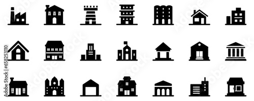 School icons. Set of different building icons. Simple school signs. Black architecture icons