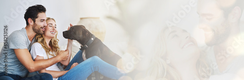 Happy, couple and relax with dog in home, mockup and banner for foster, adoption or love for rescue pitbull. People, pet and double exposure with space for puppy, info or care for animal in house
