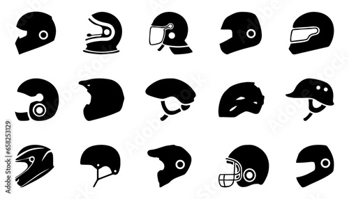 Motorcycle helmet icons. Set of different car helmet icons. Simple vehicle helmet signs. Black helmet icons