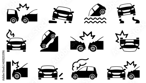 Car crash icons. Set of different car accident icons. Simple crashed signs. Black car crash icons