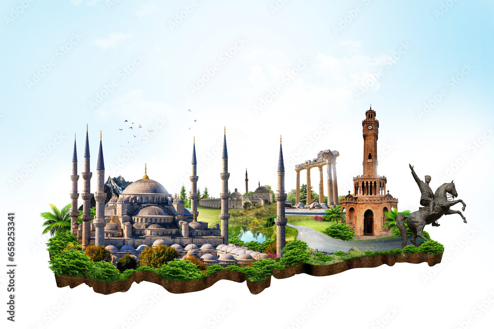 Turkey Map. Turkey Monuments. Environment. clock tower. Blue Mosque. Atatürk statue. Ruins of Athena temple