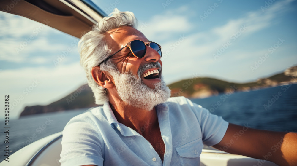 Portrait of happy senior man laughing smiling while sailing a boat in Italy or on vacation - obrazy, fototapety, plakaty 