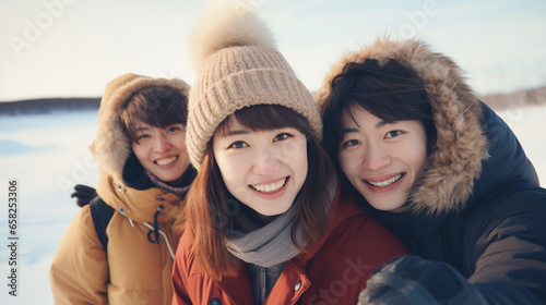 冬休みに出かける仲良し三人組の日本人男女 photo