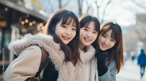 冬休みに出かける仲良し三人組の日本人の女性