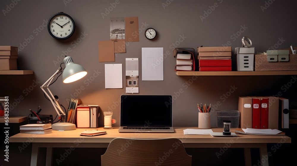 view of worktable with laptop, stationery and decorations in home office room, clipping path