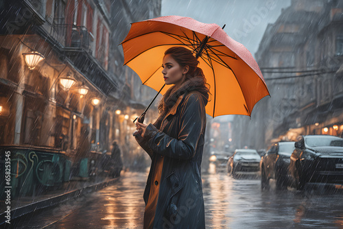 a woman holding an umbrella on a rainy day. Generative AI