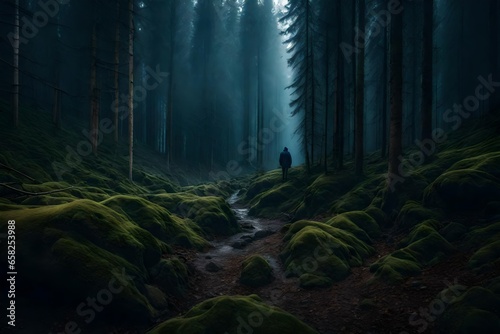A lone figure stands in the midst of a dark and desolate world, surrounded by towering trees that seem to whisper secrets - AI Generative © Being Imaginative