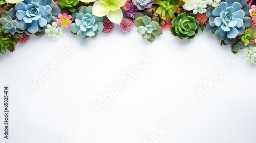 Mix Succulent plants top corner frame arrangement top view on white background