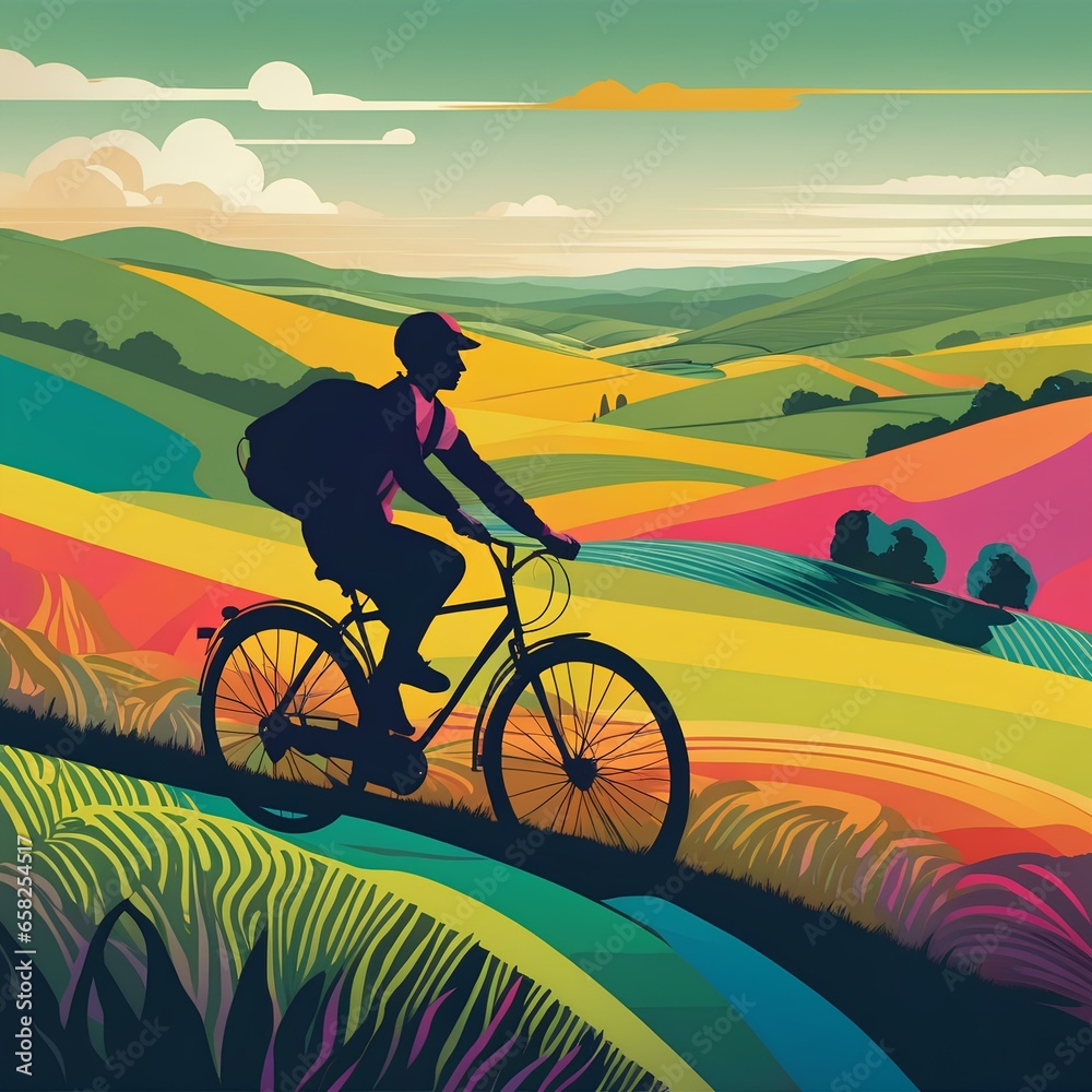 Fototapeta premium psychedelic illustration of a person enjoying a leisurely bike ride, sunset in the countryside