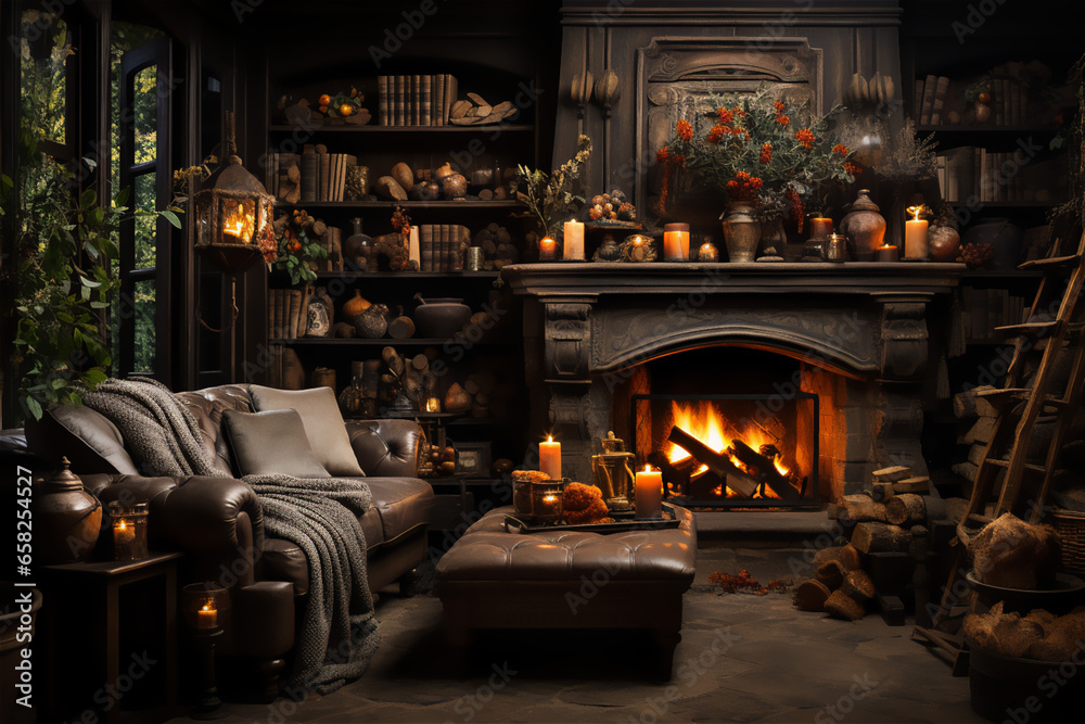 Warm and Cozy Fireplace. A cozy living room scene with a crackling fireplace, adorned with autumn garlands and candles. This image conveys the warmth and comfort of spending Thanksgiving indoors.