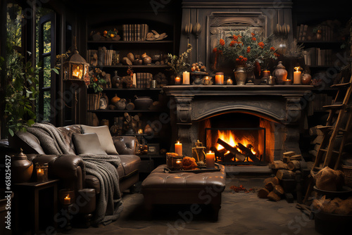 Warm and Cozy Fireplace. A cozy living room scene with a crackling fireplace  adorned with autumn garlands and candles. This image conveys the warmth and comfort of spending Thanksgiving indoors.