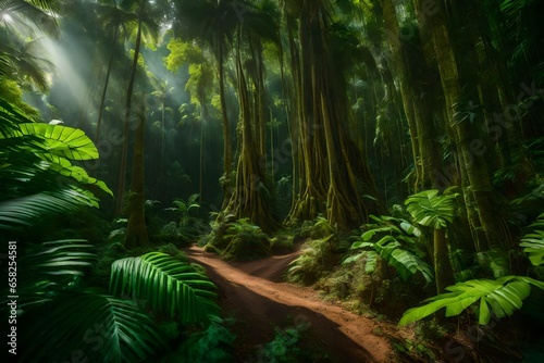 Wide angle  the large trunk of trees  low angle  cinematic  tropical rainforest - AI Generative