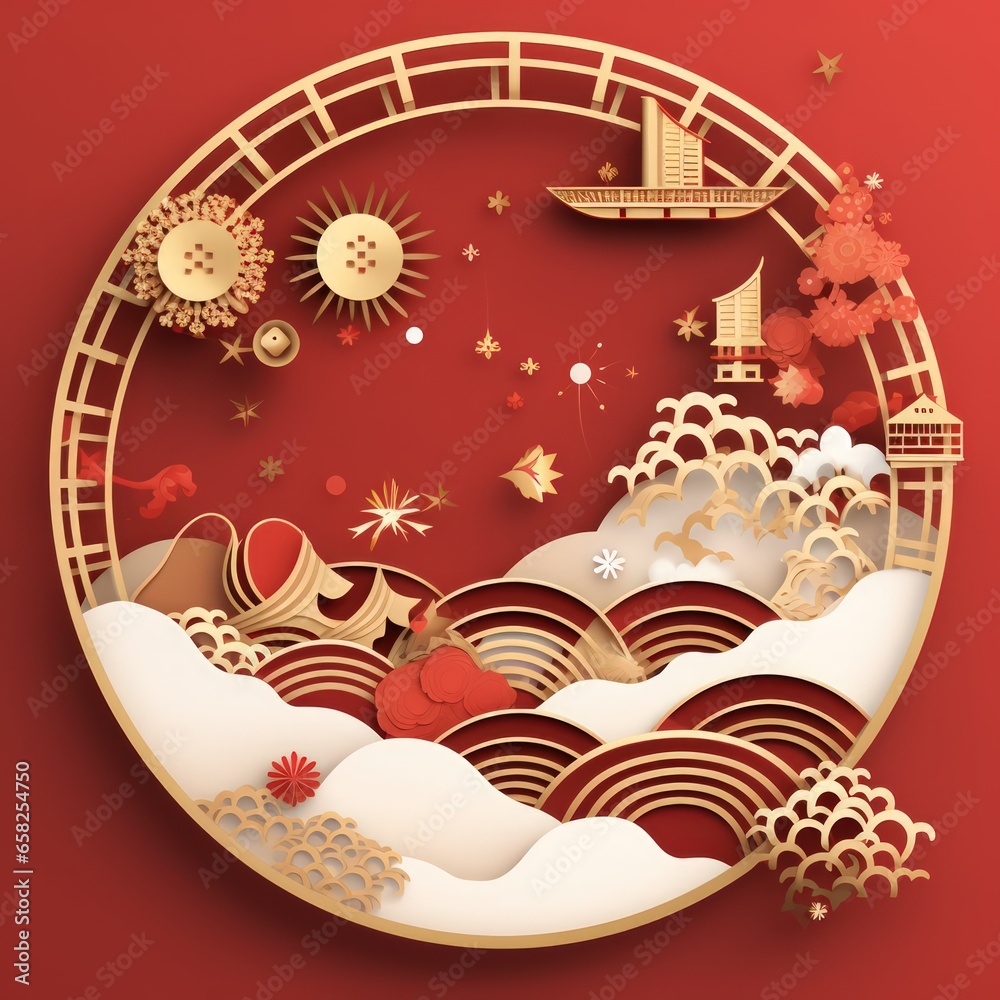 Chinese lunar new year backdrop, wave pattern, red and gold, copy space for text, Chinese style scene and chinese style background, generative ai