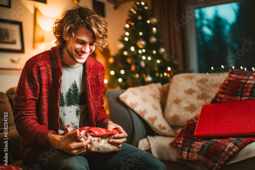 Handsome young man smiling while opening christmas gift