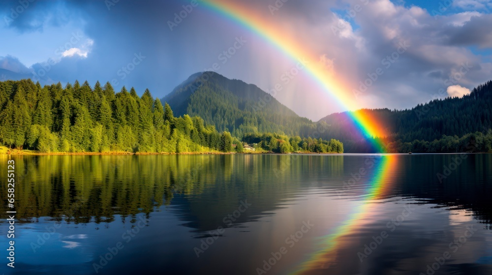 Vibrant rainbows after rain, featuring colorful arcs against mountains or reflective lakes. Generative AI Vibrant rainbows after rain, featuring colorful arcs against mountains or reflective lakes. Generative AI