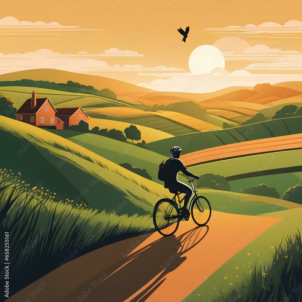 psychedelic llustration of a person enjoying a leisurely bike ride with their pet rabbit, sunset on the mountain, bicycle on the field, bike on the field
