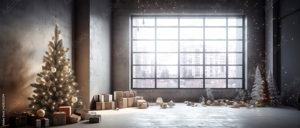 Naklejka premium Loft apartment, room decorated Christmas tree, gift boxes, light, candles on concrete textured place. Photozone. Modern interior mock up for holidays. Gorgeous New Year background. Generative ai.