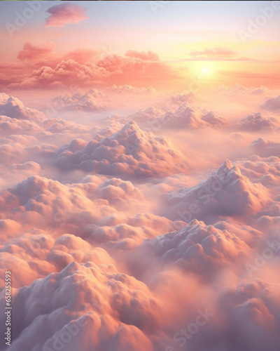 Tender sky from above with pink clouds at dawn