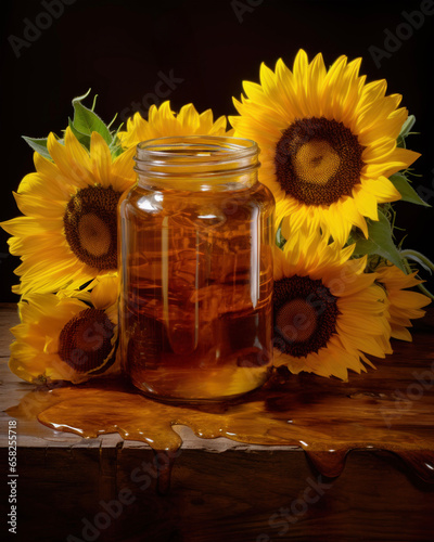 Jar of honey with sunflower flowers on the table