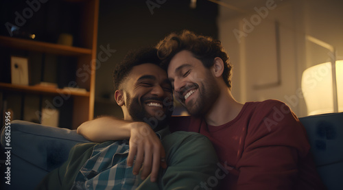 Happy gay couple cuddling on a couch