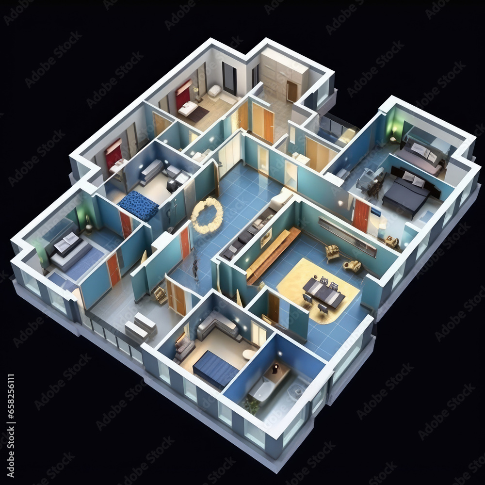 Obraz premium 3d Building Floor Plan.engineer works designing architecture plans with futuristic technology. Architect working in blueprints whit innovative technology design.Hologram