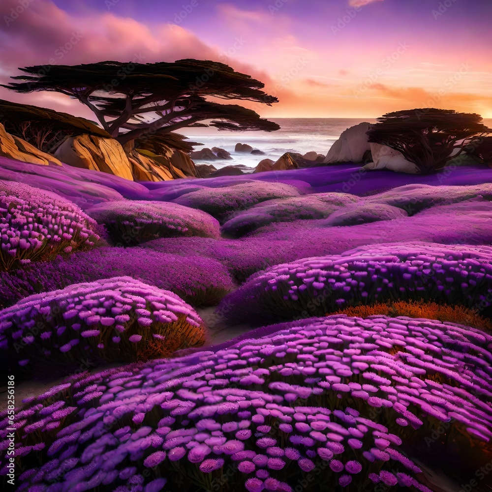 The beautiful purple field of Drosanthemum flowering plants in the lovers point and beach in Monterey .