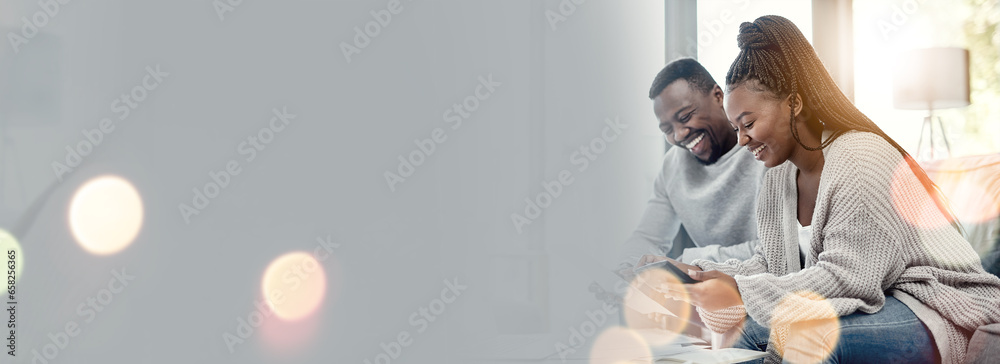 Fototapeta premium Bokeh, happy and young couple on sofa in the living room talking, bonding and laughing together. Love, smile and African man and woman in conversation sitting in the lounge of modern home with mockup