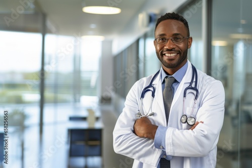 young African American male doctor smiling wearing white lab coat, standing in corridor of new, vibrant ultra modern hospital photo
