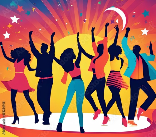 illustration of a group of friends dancing and celebrating at a music festival | party people background | people dancing in the nightclub | people dancing on the party