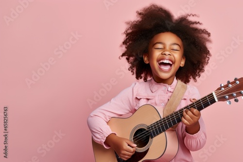 Joyful child playing guitar isolated on pink background with copy space. Creative banner for children music school.