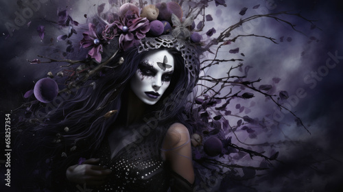 Spooky Halloween card. Purple witch in white makeup. photo