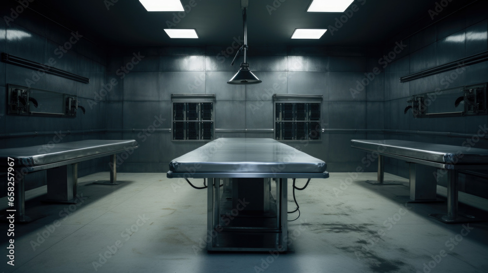 Empty metal bed in autopsy room. The table for dead body. Forensic doctor made autopsy on it. - obrazy, fototapety, plakaty 