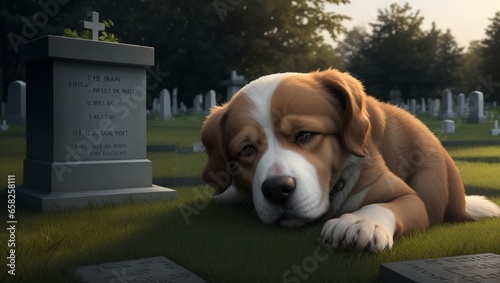 photo of a sad dog in front of his master's grave