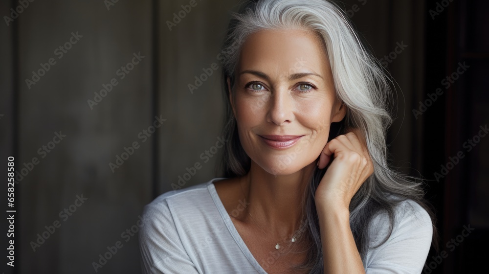 Adult woman with smooth healthy face skin. Beautiful aging mature woman with gray hair and happy smiling touch face. Beauty and cosmetics skincare advertising concept - obrazy, fototapety, plakaty 