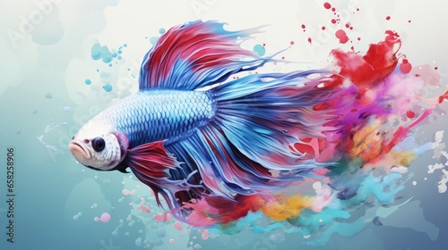 Betta fish. Colorful fighting Siamese fish illustration with watercolor ink splash. Magic exotic tropical fish ai generated illustration © Oulailux