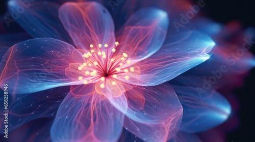 Digital futuristic flower wallpaper, neon light glow blossom wireframe, background with flower cyber hologram in AI generative
