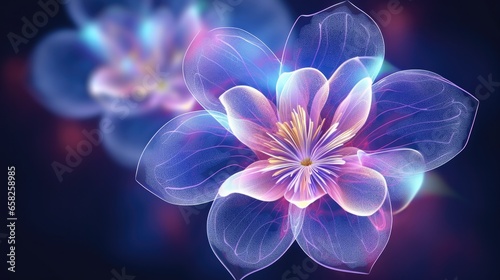 Digital futuristic flower wallpaper, neon light glow blossom wireframe, background with flower cyber hologram in AI generative