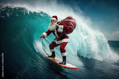 Santa Claus surfing a giant wave with a bag of presents