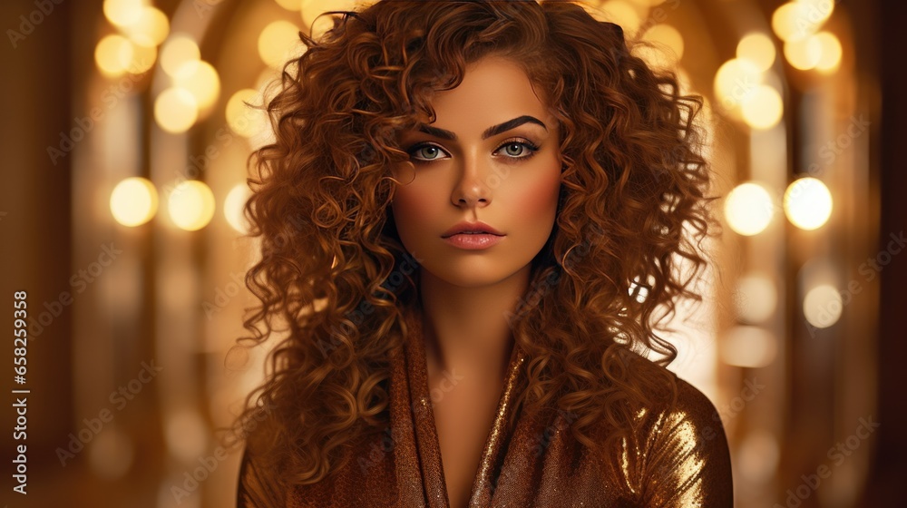 Fototapeta premium Golden dressed woman with curly hair in gold room. Luxury and premium photography for advertising product design. Fashion beautiful ai generated european woman