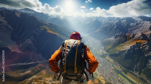 Rear View the excitement of adventure travel, featuring skydiving thrills and mountain hikes. Generative AI