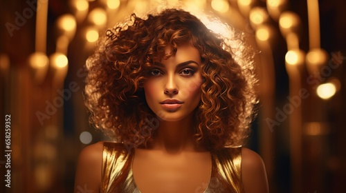 Golden dressed woman with curly hair in gold room. Luxury and premium photography for advertising product design. Fashion beautiful ai generated european woman
