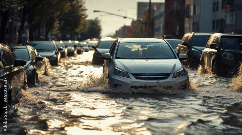 Cars Caught in the Deluge of Urban Flooding. Generative AI