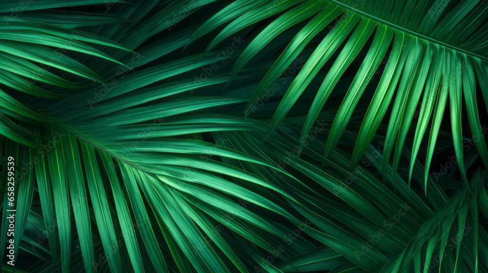 Fototapeta premium Green tropical background with Palm leaves or jungle plants for summer and your design
