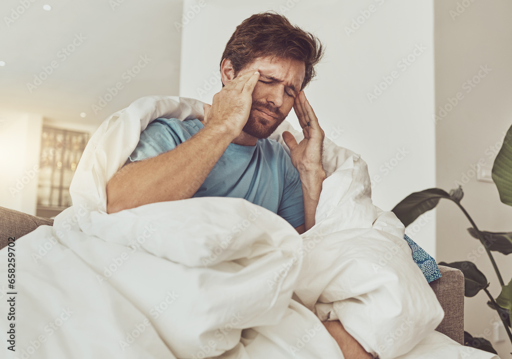 Stress, headache and sick man on a sofa with burnout, vertigo or pain from insomnia at home. Anxiety, migraine and male person in a lounge with temple massage for dizziness, congestion or head cold - obrazy, fototapety, plakaty 