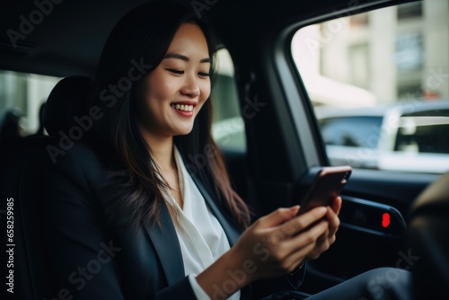 Young businesswoman engaged with smartphone inside of a car © Geber86