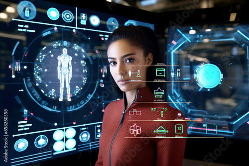 IT Engineer is in Working Data Center, Explaining Things, People and artificial intelligence in action. AI analyzes data and makes decisions. photo